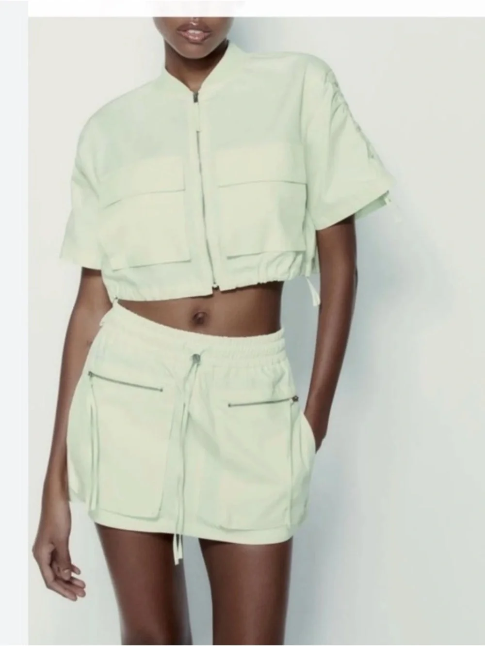 ZARA 2 PC MINI SKIRT Sz S AND CROPTOP jacket Sz XS light green color
